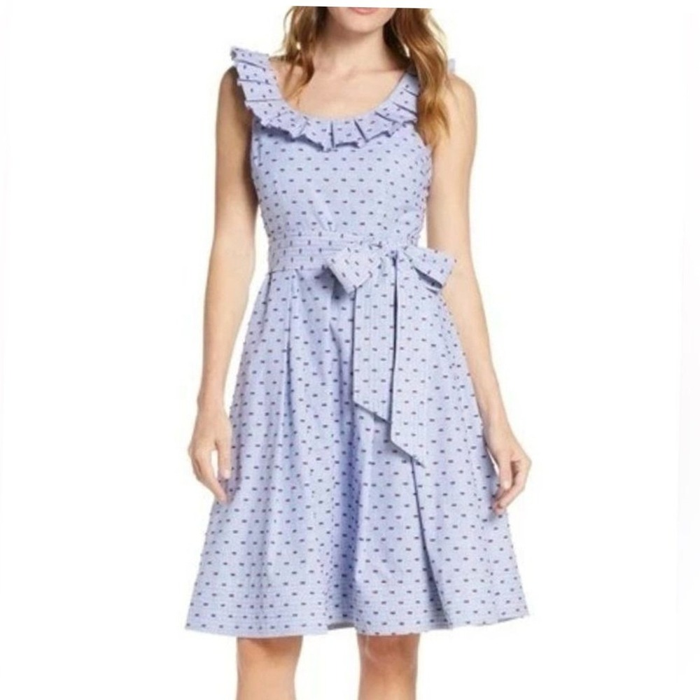 1901 Nordstrom Blue Clipdot Stripe Pleat Collar Cotton Linen Tie Dress 2 Petite